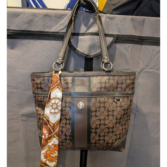 Coach Chelsea Heritage Stripe Tote Brown Black + Twilly - Picture 2 of 15